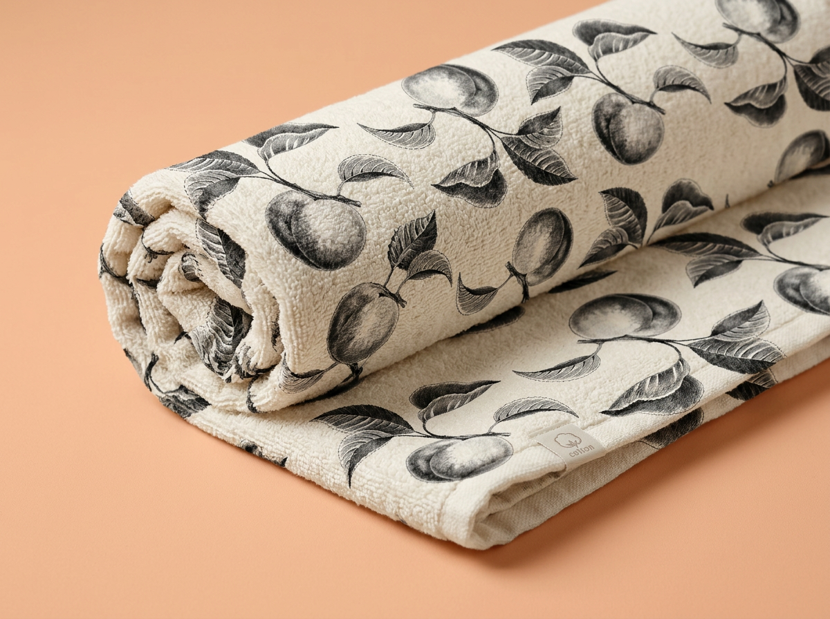 Beach towel mockup printed with Rebecca Bonaci's black and white peach pattern, rolled on a peach background