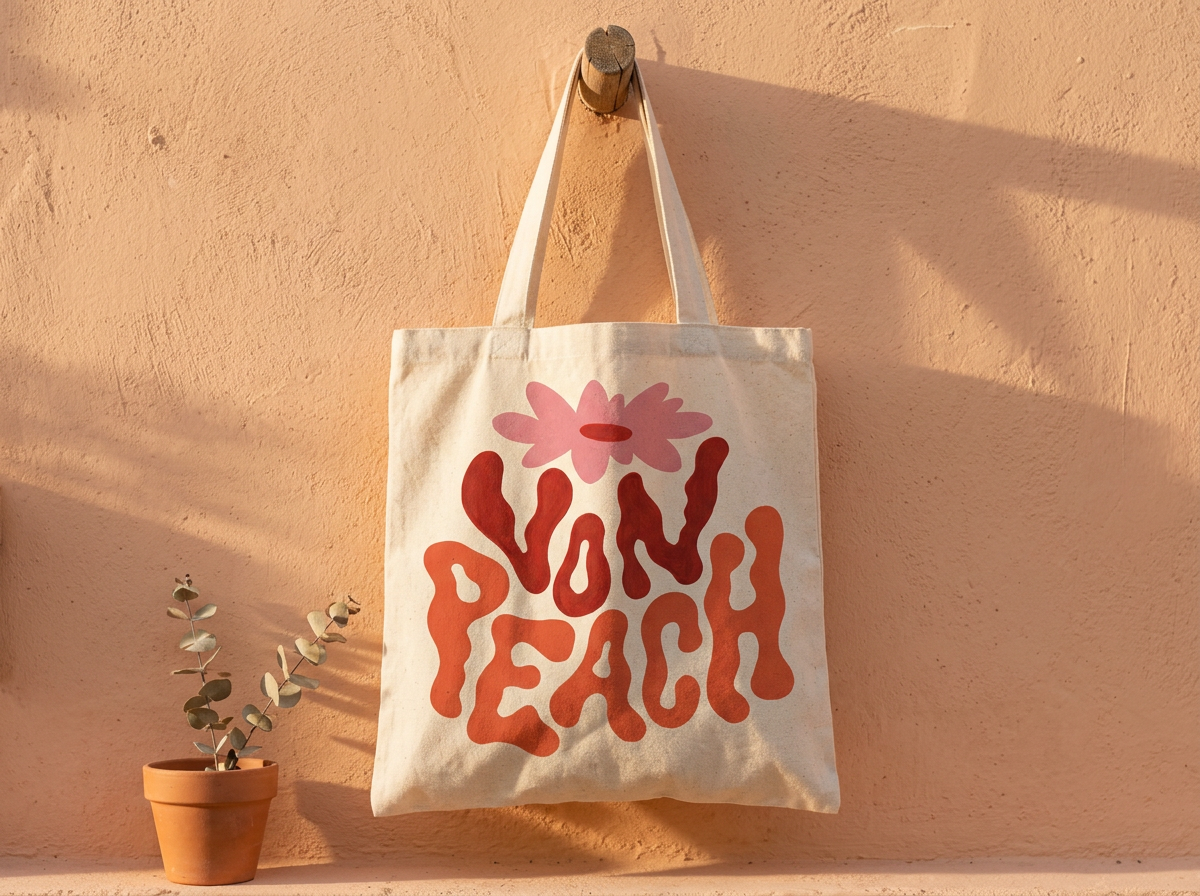 Natural cotton tote bag printed with Esme Stillaway's wavy red and pink Von Peach lettering and daisy, hanging on a peach plaster wall