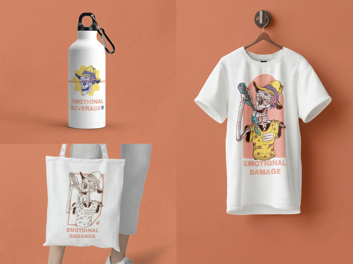 Emotional Damage custom branded merch range, bottle, tee and tote on terracotta backdrop