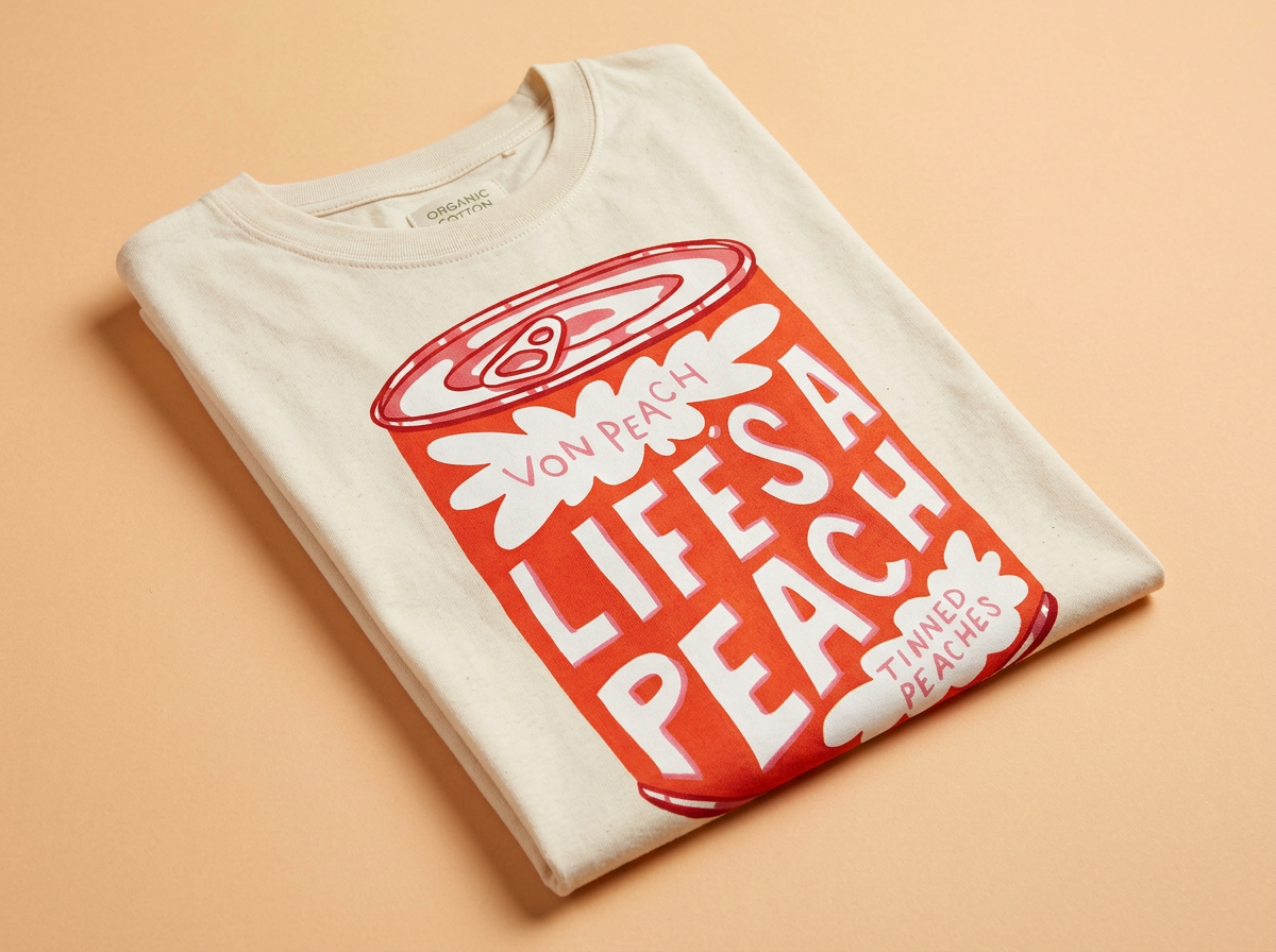 Cream organic cotton t-shirt folded flat on a peach backdrop, printed with Esme Stillaway's Life's a Peach tinned peaches illustration