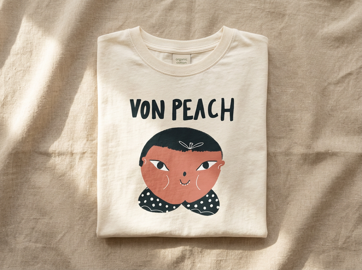 Folded cream organic cotton t-shirt on a warm beige linen backdrop, printed with Aliche's Von Peach peach-headed character illustration