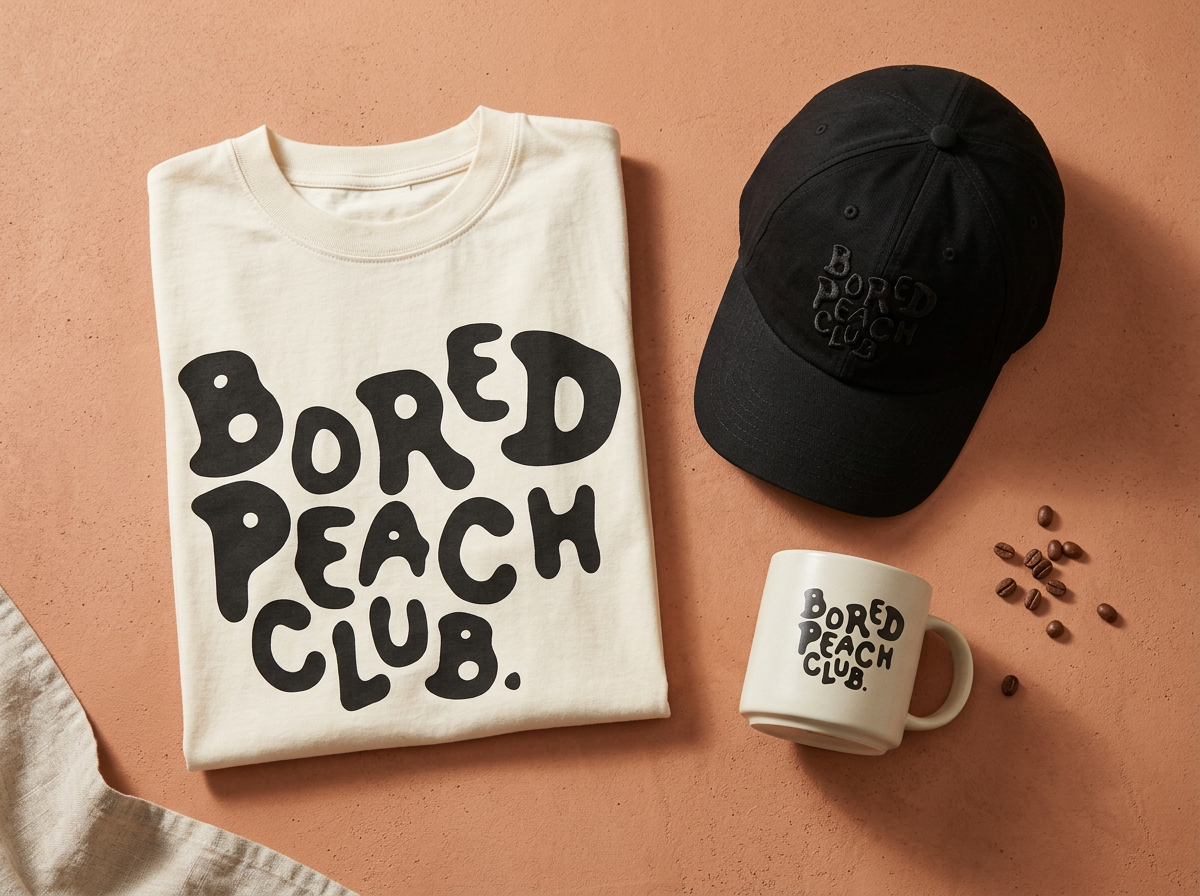 Bored Peach Club branded tee, cap and mug mockup